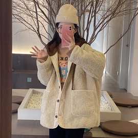秋冬季复古加厚羊羔绒外套韩国通勤洋气休闲宽松连帽衫潮流上衣女