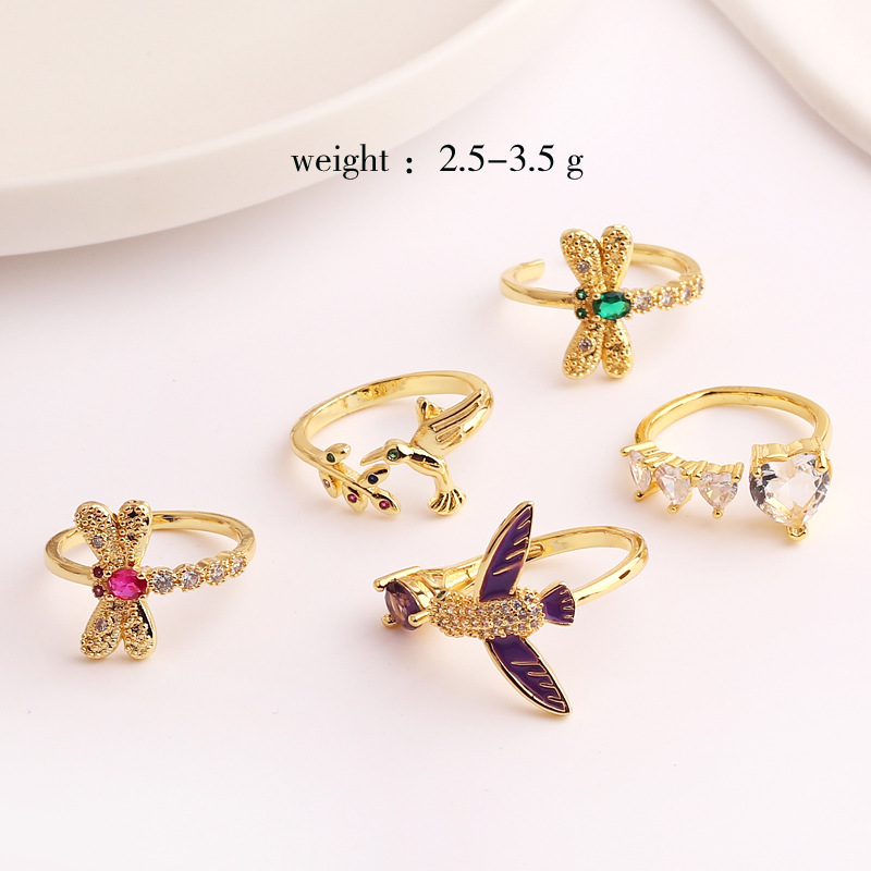Fashion Animal Heart Shape Copper Gold Plated Zircon Open Ring