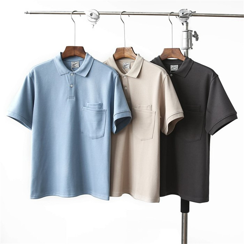Personal laminated pocket heavy air cotton short sleeve polo shirt American retro short-sleeved T-shirt male