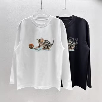 Maison Margiela Xiaohongshu Celebrity Style 300g Heavy Pure Cotton Long-Sleeve Base T-Shirt with Cat Print