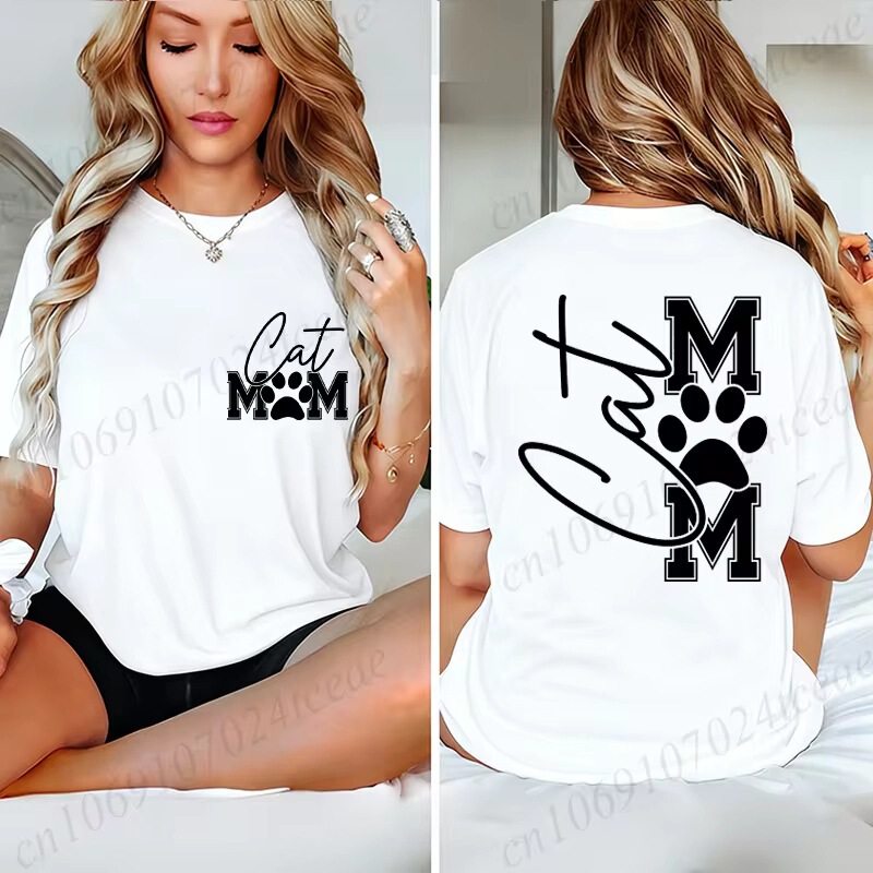 Cat Mom graphic t-shirt with cute kitten paw prints on the front and back, a daily essential for pet owners Cat Mom graphic t-shirt with cute kitten paw prints on the front and back, a daily essential for pet owners