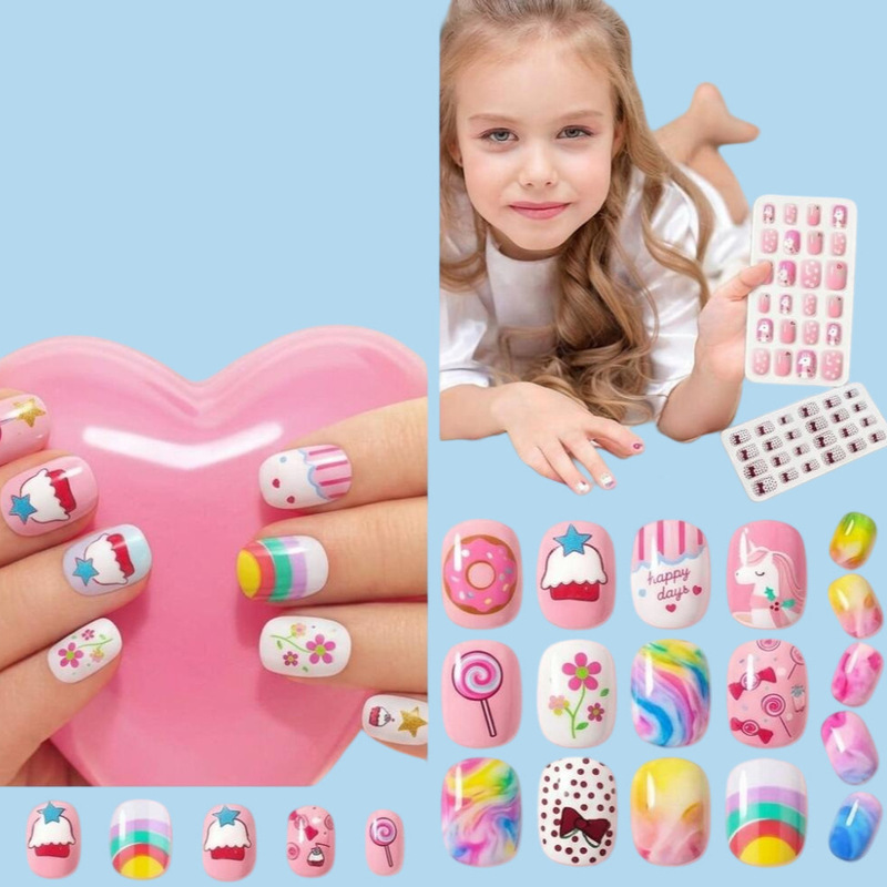 168 Pieces/Box Heart Bow Pink Kidsren's Wearable Nails Cat Cartoon Rainbow Removable Nail Stickers for Girls