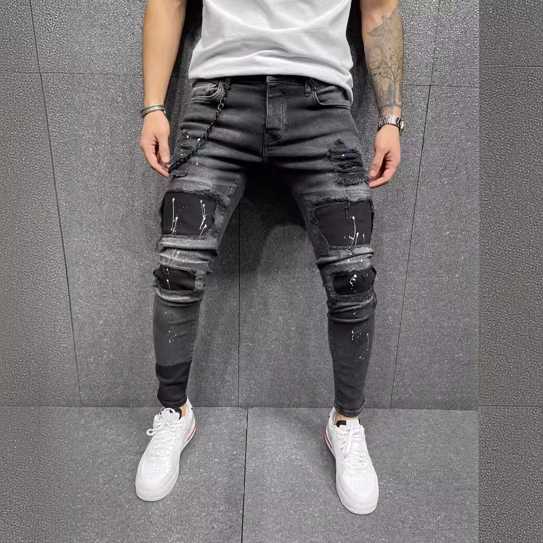 Jeans Ajustados Rasgados para Hombre de Algodón, Elásticos, para Uso Casual