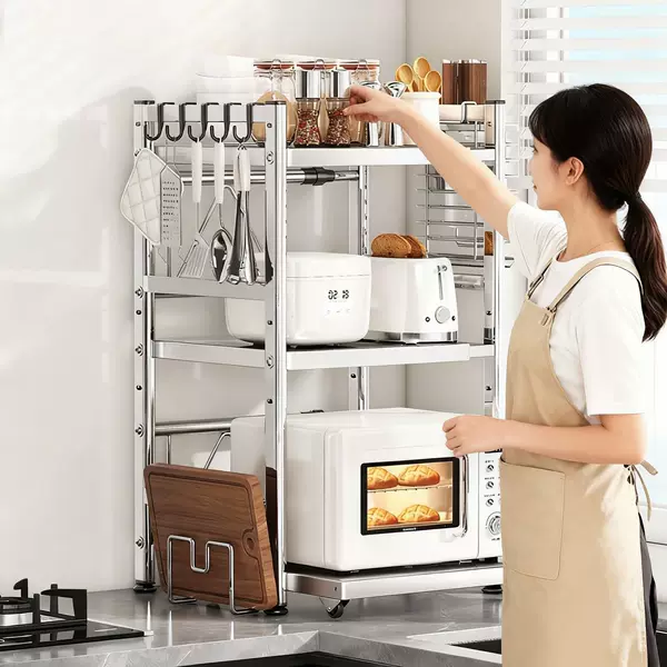 Stainless Steel Pull-Out Kitchen Storage Rack Microwave Oven Rack Household Countertop Rice Cooker Storage Rack with Wheels