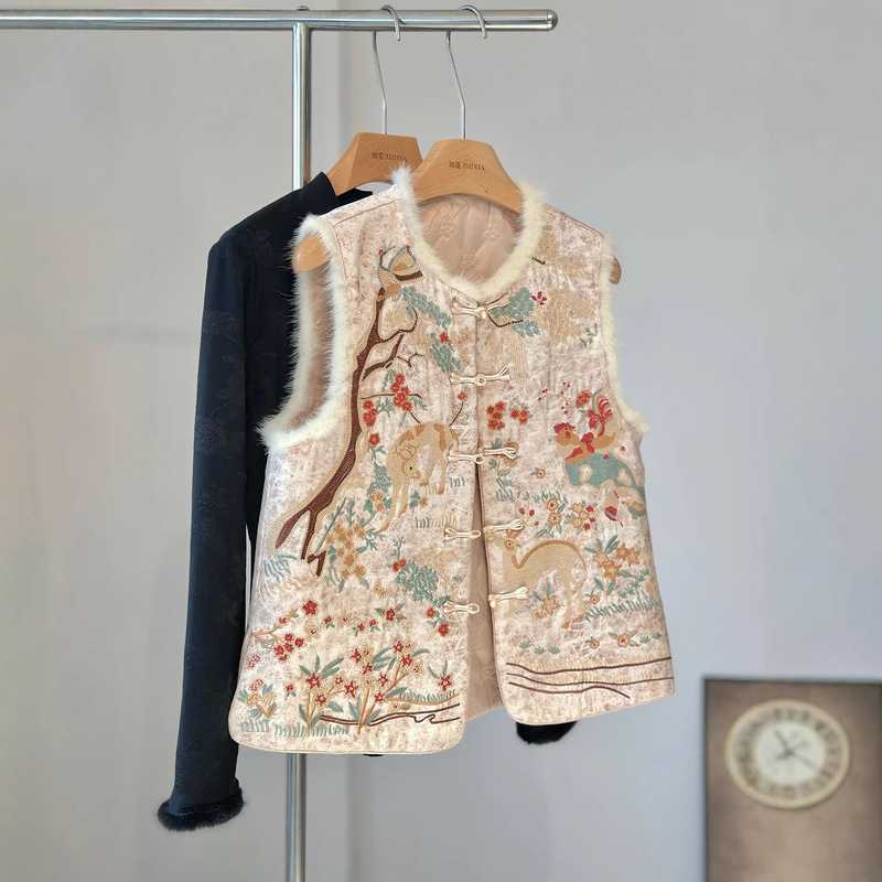 High-End Daily Heavy-Duty Embroidery New Chinese-Style Mink Fur Vest Autumn and Winter Quilted Double-Breasted Buttoned Outerwear National Style Vest