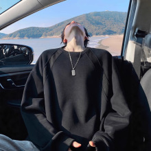 浅灰色拼接圆领卫衣男款美式复古重磅硬挺长袖T恤宽松内搭打底衫