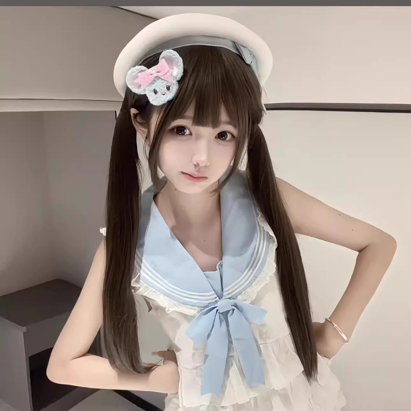 Connie [Sweet Girl] Peruka z długimi włosami dla kobiet, codzienny styl Lolita, prosty podwójny kucyk, kostium JK na całą głowę
