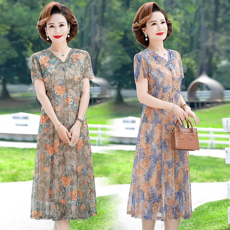 Высококачественное новое платье среднего и пожилого возраста мама платье среднего возраста летом иностранное летнее платье с короткими рукавами модное платье средней и длинной формы
