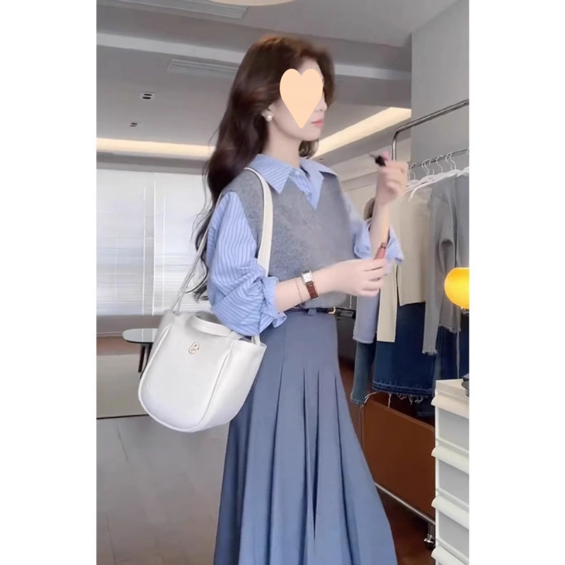 2025早秋新款套装女小众轻奢马甲修身衬衫高腰显瘦半身裙三件套潮|undefined