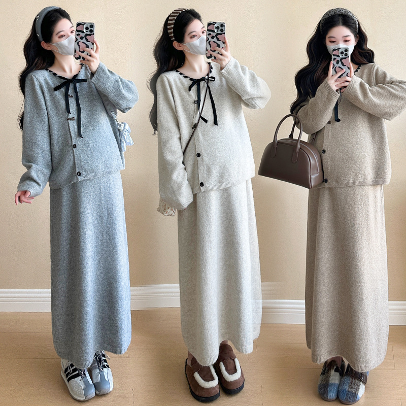 실사입고  임산부 가을 원피스 대형사이즈 패셔너블 맘 신상 가디건+스커트 투피스 세트