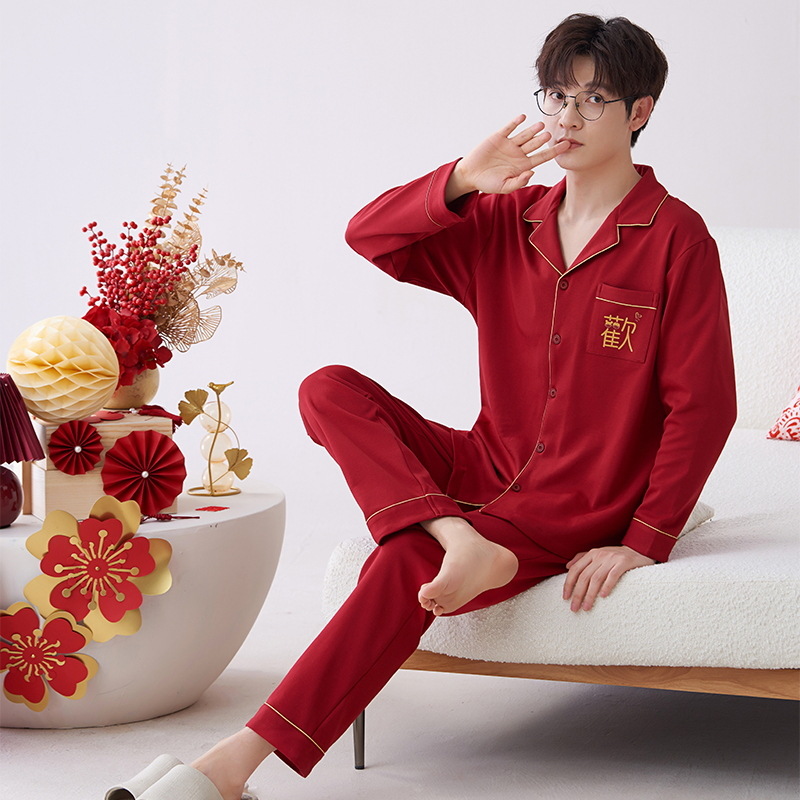 Pijamas hombres primavera y otoño algodón manga larga rojo brillante año animal algodón fino otoño primavera y verano ropa para el hogar