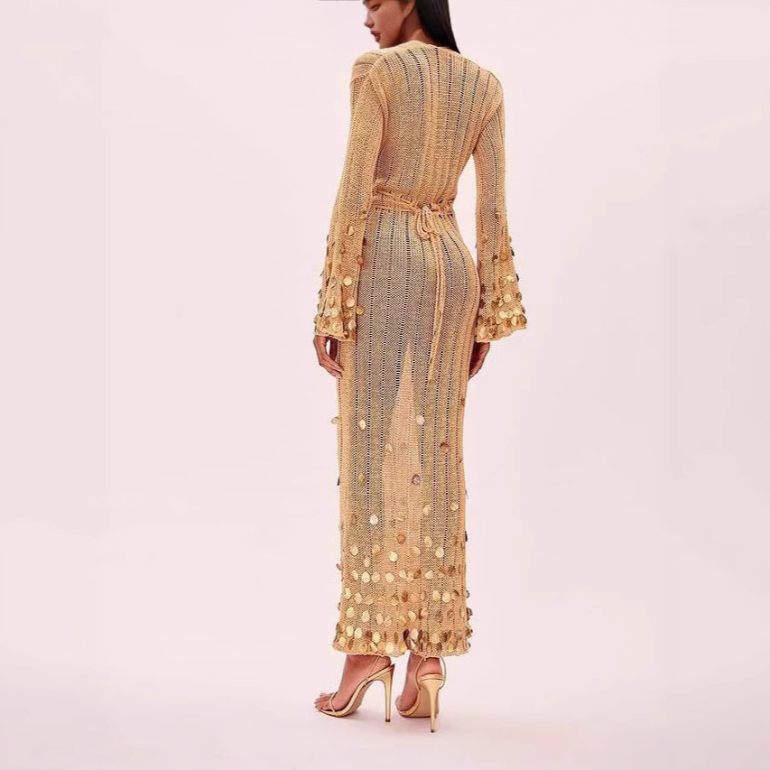 GraceChic 2025 Primavera e Autunno Nuovo Elegante e alla Moda Scollo a V Abito Lungo in Maglia Slim All'Ingrosso_voghion.com