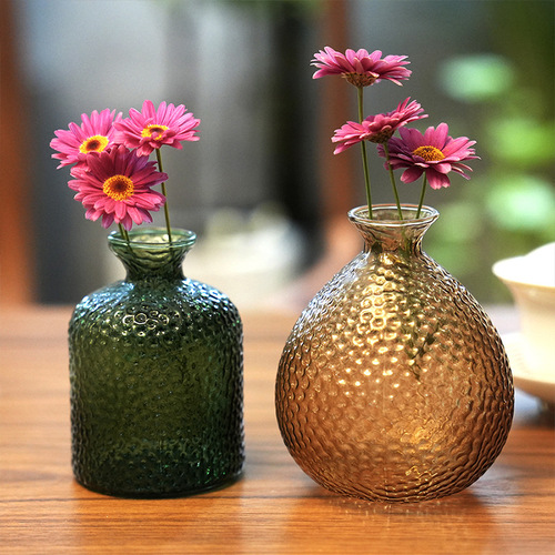 Light Luxury Retro Vase Decor Honeycomb Pattern Colorful Vase Creative Dried Flower Vase Glass Hydroponic Flower Arrangement Soft Decoration