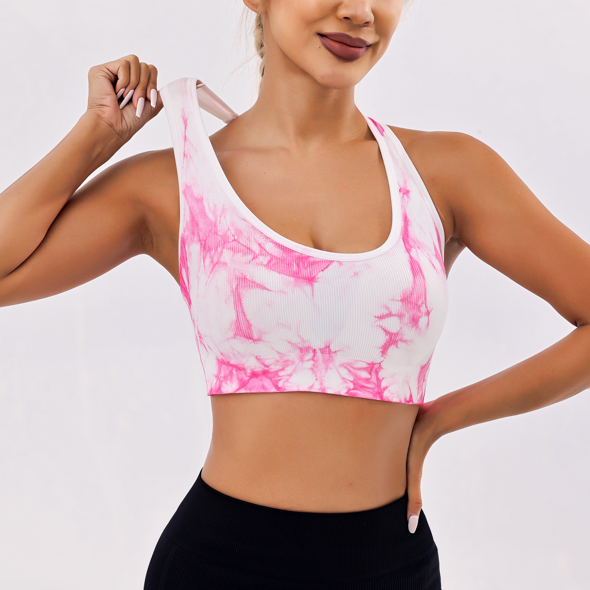 Sujetador deportivo de alta intensidad para mujer, superventas transfronterizo en Europa y América, a prueba de golpes, con espalda hermosa, copas fijas, tipo top de yoga