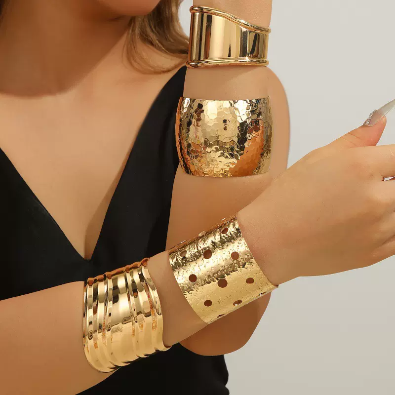 欧美跨境饰品几何开口夸张可调节时尚流行宽面手镯金色手饰女批发