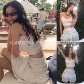 法式名媛气质拼接木耳边吊带分体泳衣女纯色高腰纯欲裙式保守泳衣