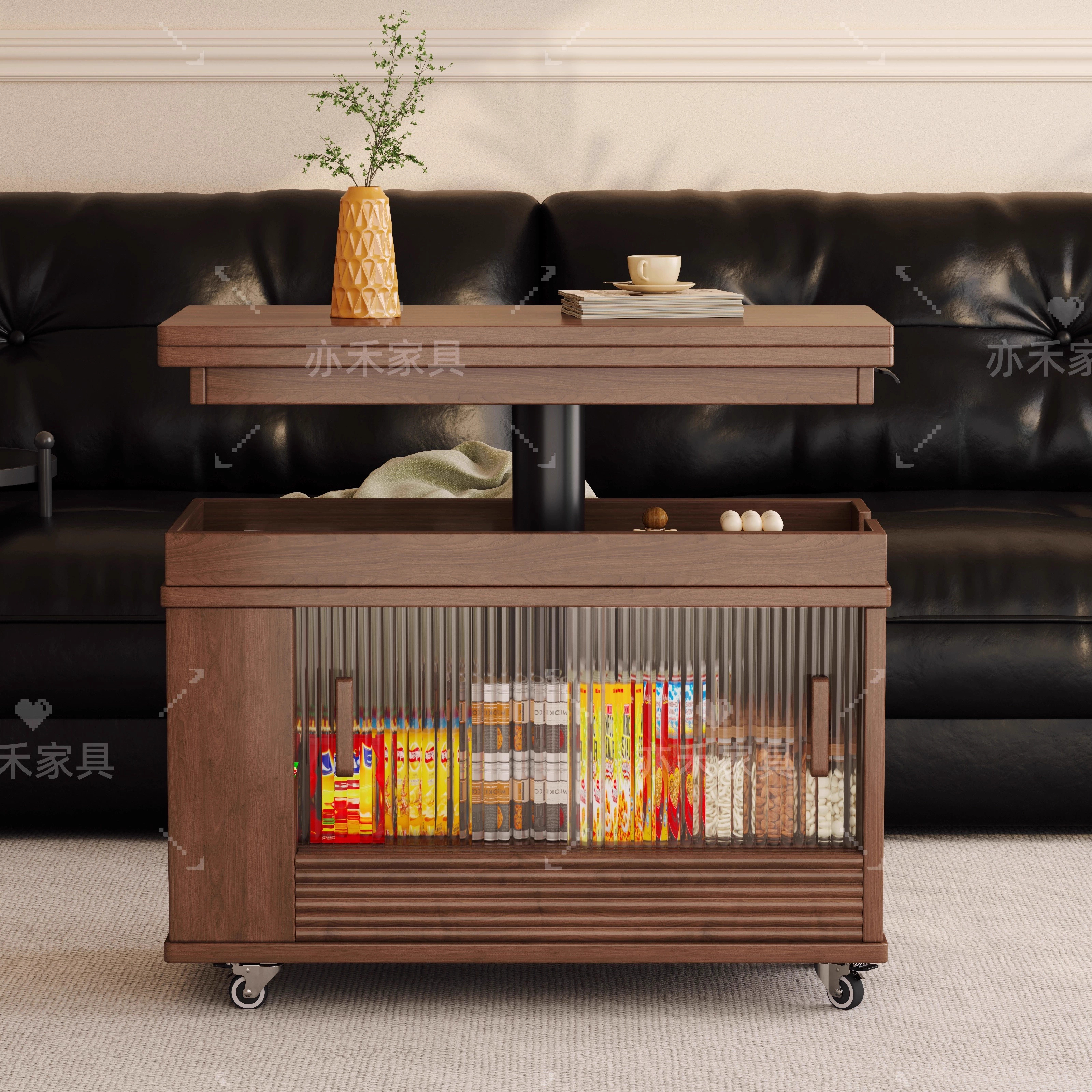 ✅ Solid Wood Coffee Table, Movable, Adjustable, Foldable, Suitable for Small Apartments, Living Room, Home Use, Sofa Side Cabinet, Trolley Side Table