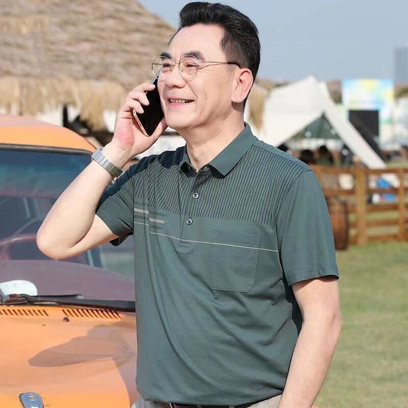 Dad's Short-Sleeved T-Shirt for Middle-Aged and Elderly Men, Ice Silk Collared Tops, 40-50 Years Old, Middle-Aged People's Loose Summer T-Shirts