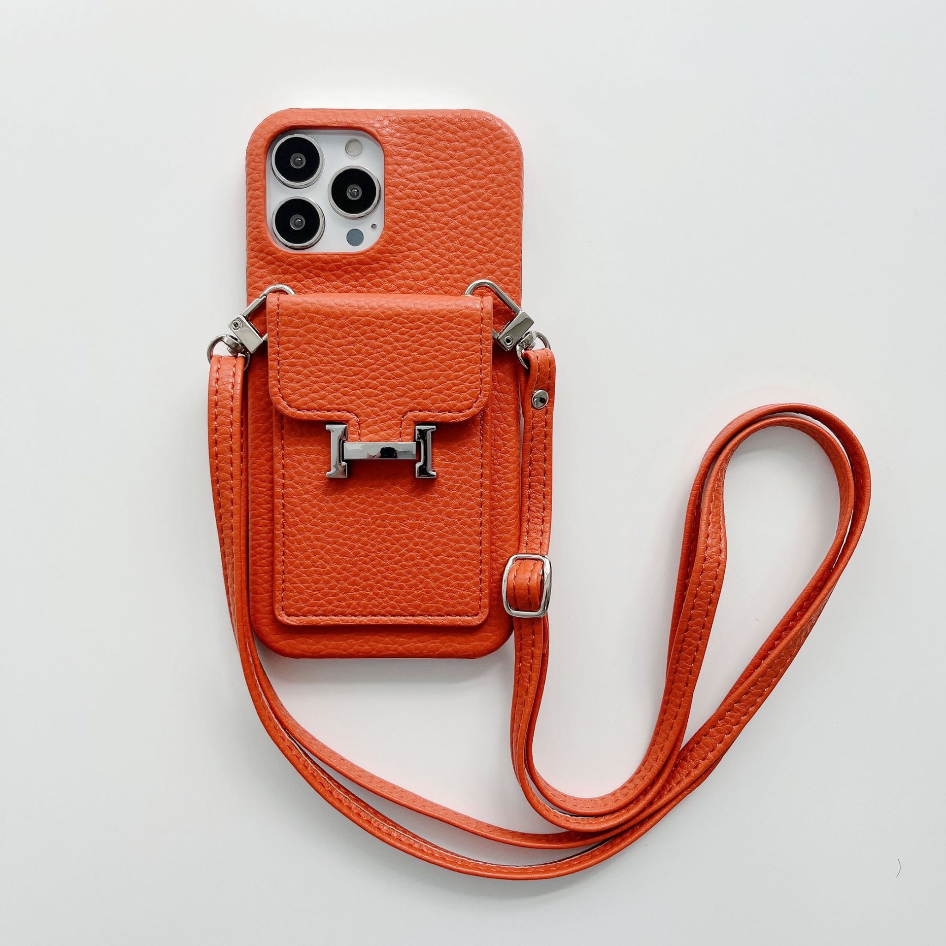 Aplicable al iPhone 17 ProMax Litchi Pattern Hermes bolsa de tarjetas inclinada en la caja del teléfono móvil enchufe de tarjetas colgantes funda de cuero a prueba de caídas