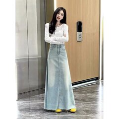 レトロウォッシュローエッジデニムスカート女性のための春の新しいハイウエストAラインロングスカートルーズ痩身ヒップスカートトレンディ
