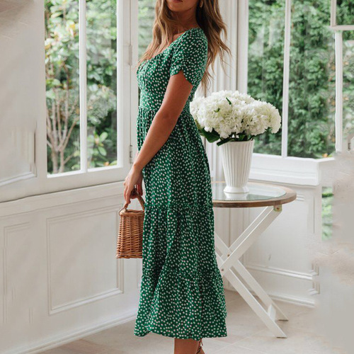 European and American AliExpress Wish Amazon popular style square neck puffed sleeve floral print dress long dress
