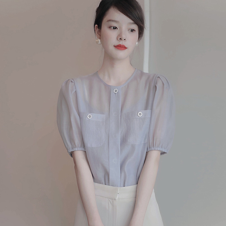 日韩外贸2022夏季新款轻盈通透香芋紫小量感短袖衬衫上衣 配背心
