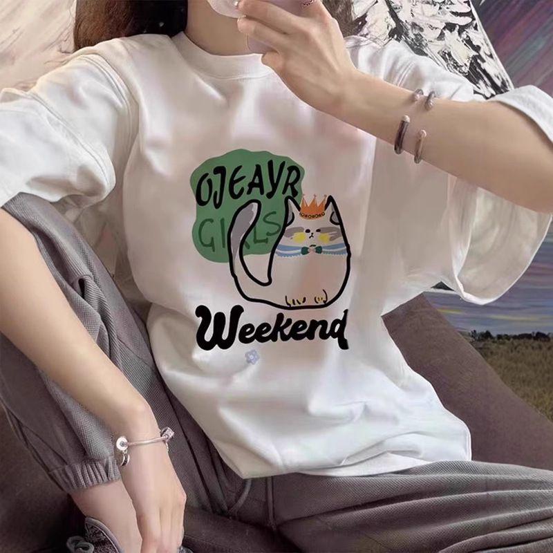 American Style Fun Cat Print Short-Sleeved T-Shirt Women's Summer New Loose Top Bottoming Shirt Factory Direct Sale American Style Fun Cat Print Short-Sleeved T-Shirt Women's Summer New Loose Top Bottoming Shirt Factory Direct Sale