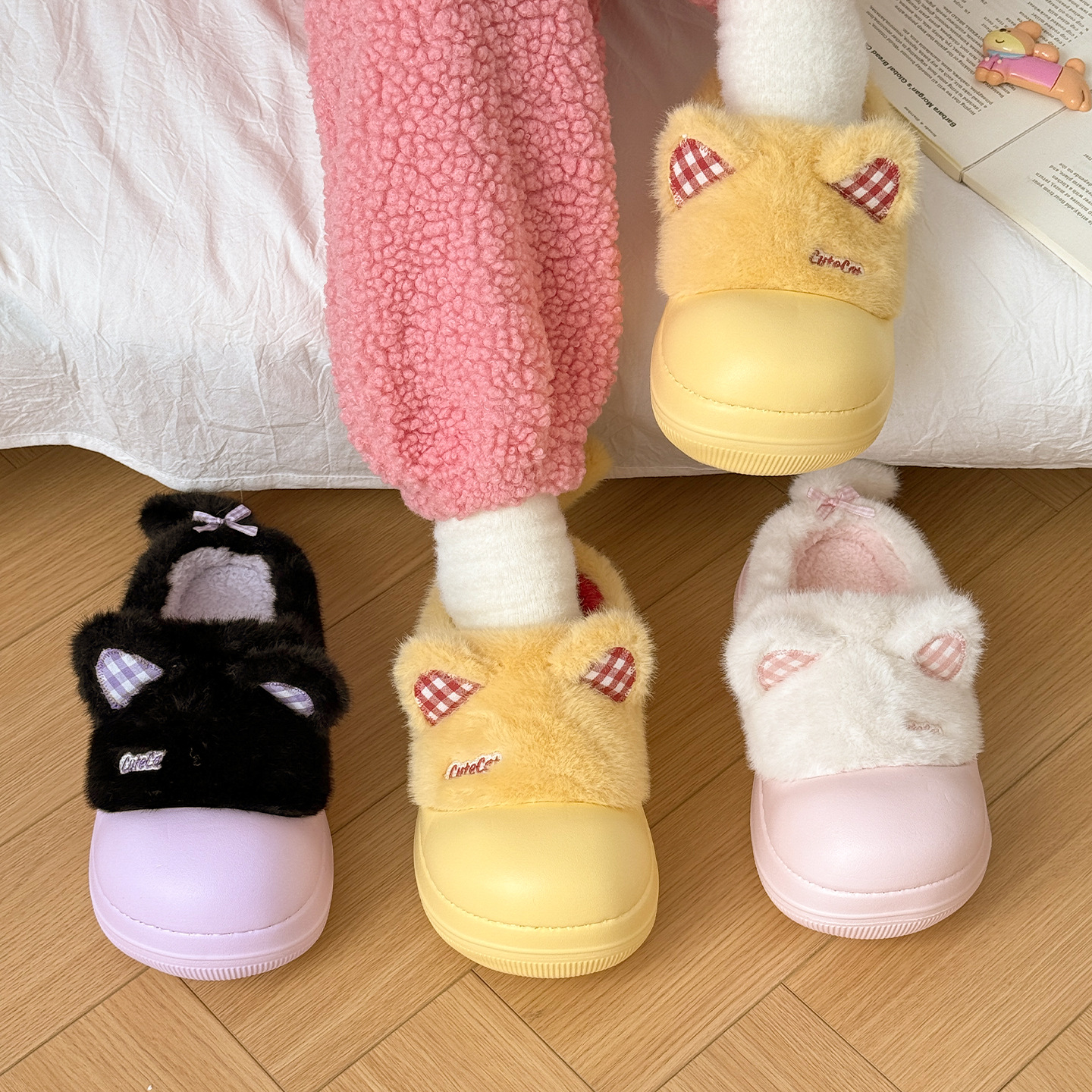 可爱萌趣猫耳棉拖鞋加绒厚底居家外穿保暖防滑棉拖鞋女