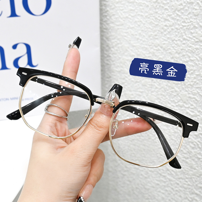 Retro medio marco gafas de tecnología hombre marco negro estudiantes de literatura y arte miopia simple gafas de luz plana anti-luz azul marco de gafas image 8