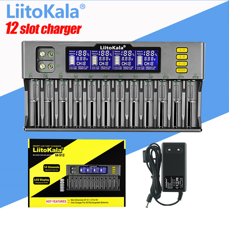 LiitoKala lii-S12 12-Cell LCD Display Battery Charger for 1865/21700/9V Batteries