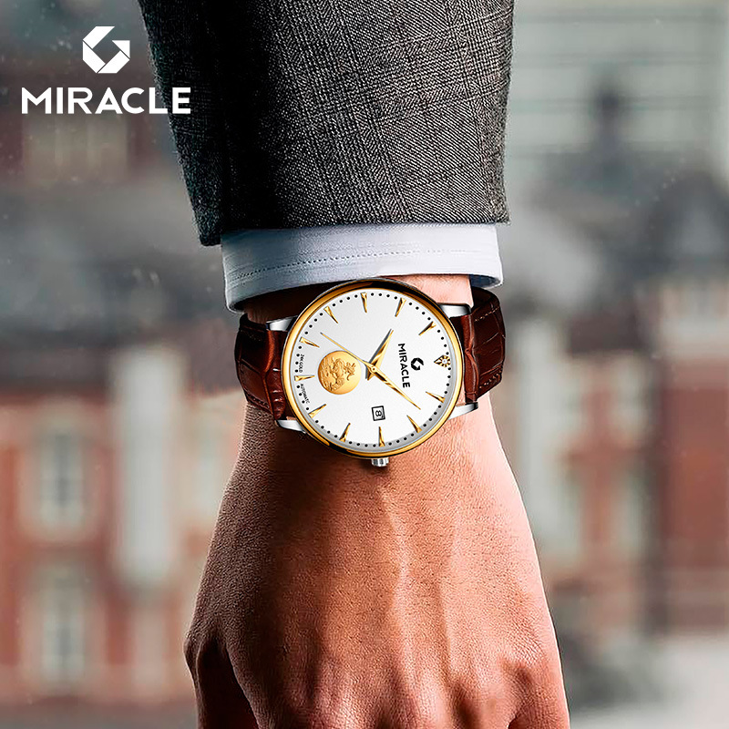 Đồng hồ nam Geney automatic lộ máy, mặt vàng 24K, dây da, chống nước — Da Cà Phê Mặt Trắng vàng