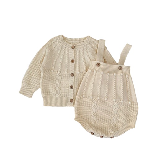 2024 Spring and Autumn Baby Girl Solid Color Wool Top Handmade Hook Bubble Ball Carrier Harness Knitted Jacket Two-piece Set