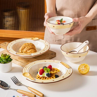 高颜值釉下彩早餐盘酸奶碗家用浮雕餐具水果盘一人食碗盘陶瓷套装