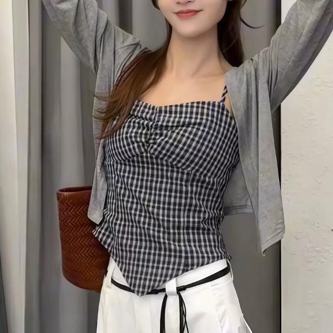 2025夏季辣妹风设计感格子不规则显瘦吊带背心防晒衫时尚套装|undefined
