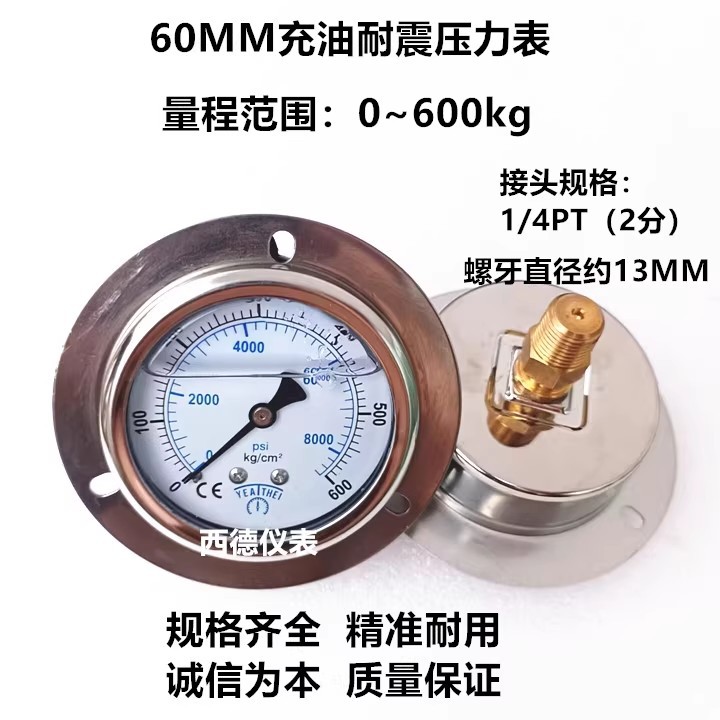 60MM背式带边(嵌装式)0-600KG充油防震压力表 耐震压力表 油压表