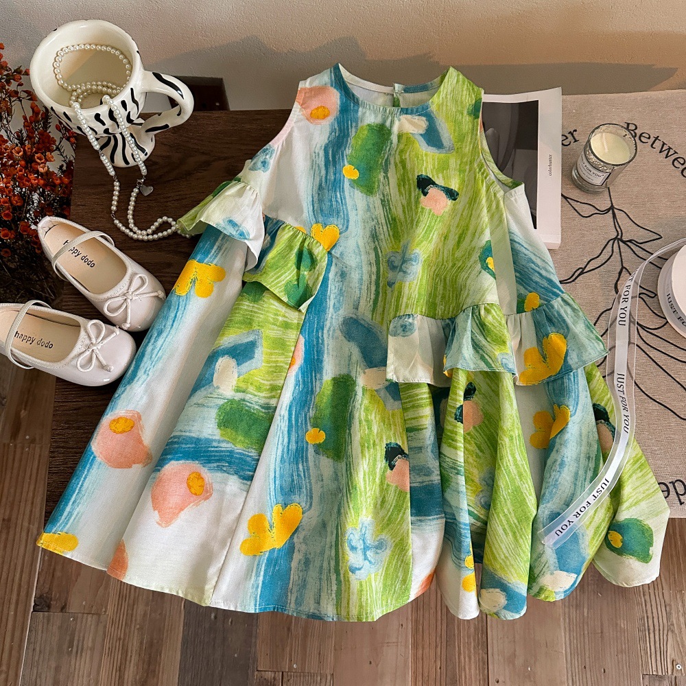 Vestido de algodón sin mangas de verano para siete niñas con limón salado 25 nuevo estilo de los niños falda de playa de estilo occidental falda de chaleco de bebé