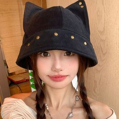 可爱立体猫耳朵铆钉渔夫帽女夏季百搭显脸小盆帽遮阳防晒太阳帽子