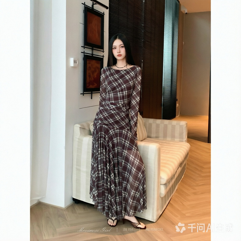 2026 Summer and Autumn Retro Irregular Long Sleeve Dress Plaid French Style New Elegant Waist-Slimming Plaid Long Dress 2026 Summer and Autumn Retro Irregular Long Sleeve Dress Plaid French Style New Elegant Waist-Slimming Plaid Long Dress