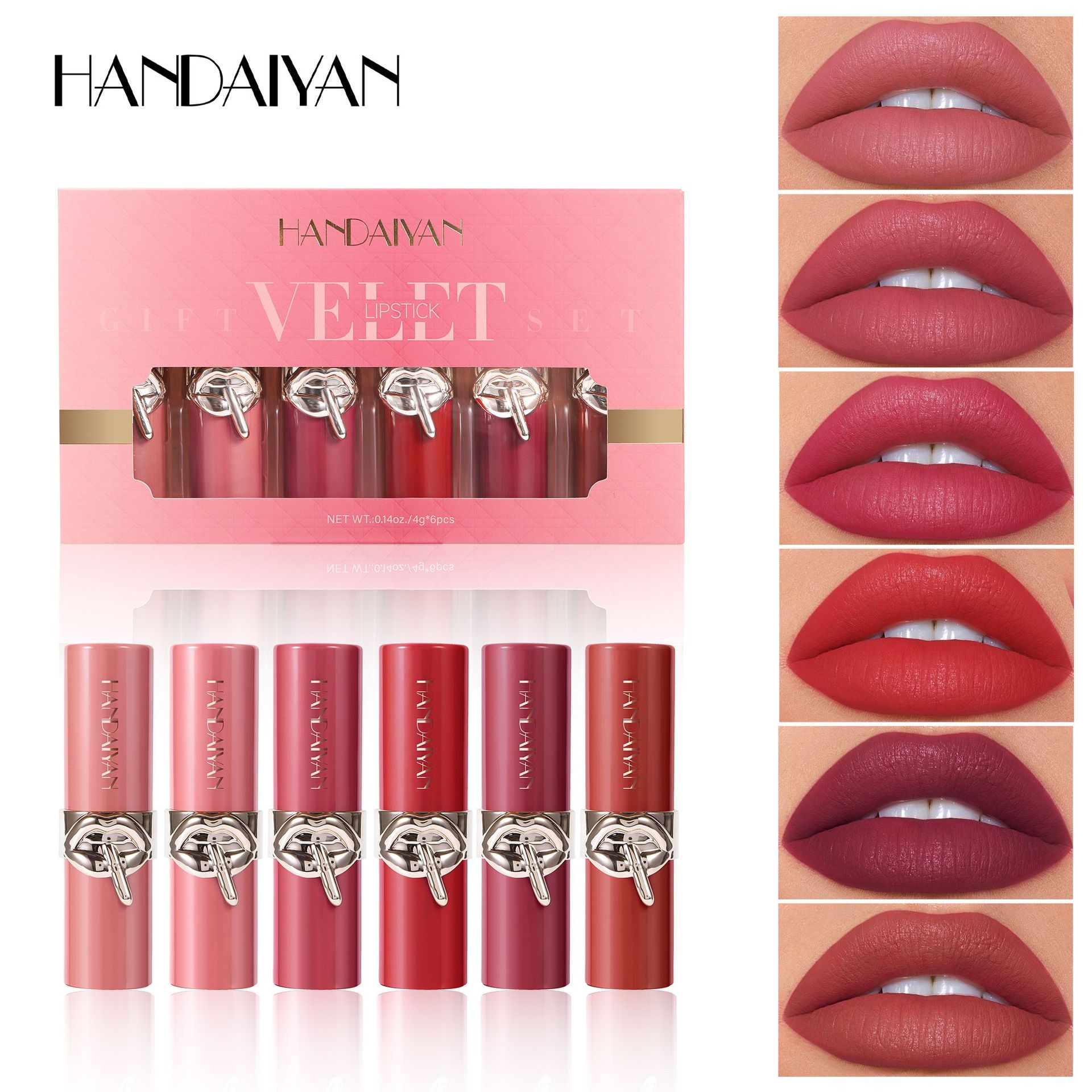 Set de lápiz labial transfronterizo 6 lápiz labial mate HANDAIYAN terciopelo lápiz labial impermeable no es fácil de tocar lápiz labial mate taza