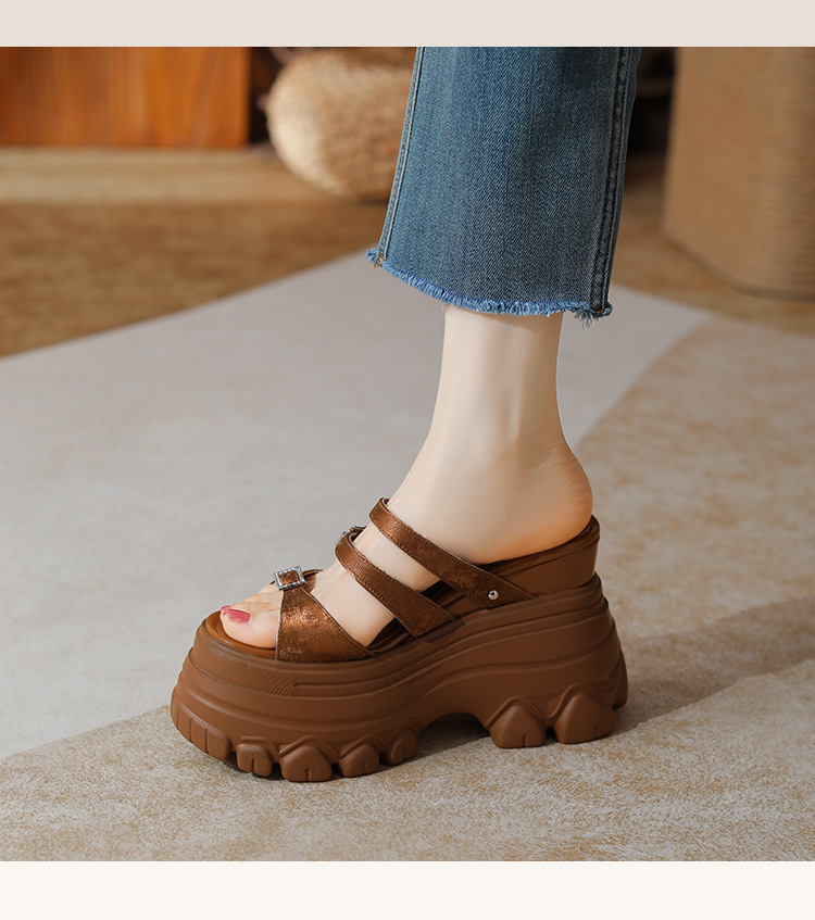 Sandal cao gót nữ đế xuồng 12cm da bò nguyên chất quai ngang — Màu đen, Màu trắng be, Màu hạnh nhân đậm chi tiết 11