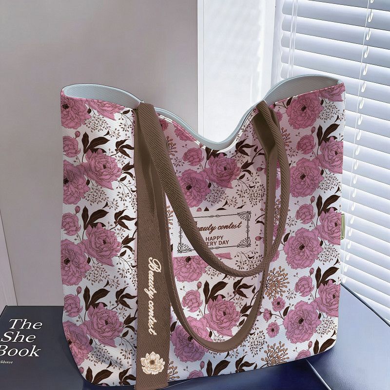 Mother's Day Pink Floral Ribbon Tote Bag Open-Top Printed Tote Bag Travel Fashion Cartoon Bag Women's Canvas Bag for Commuting Mother's Day Pink Floral Ribbon Tote Bag Open-Top Printed Tote Bag Travel Fashion Cartoon Bag Women's Canvas Bag for Commuting