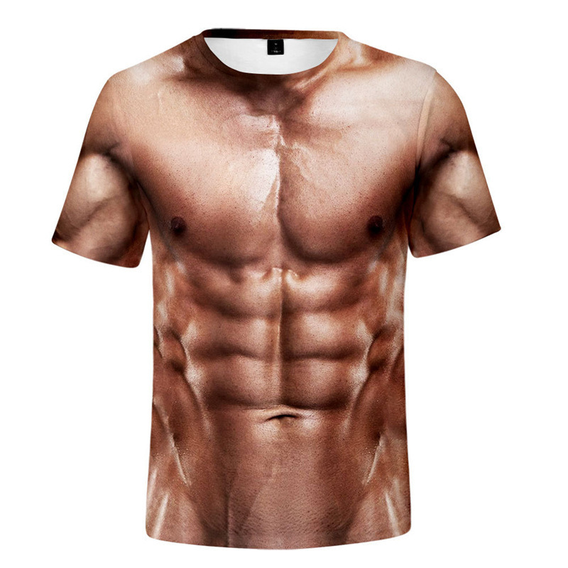 Cross-border E-Commerce Fake Abdominal Muscle Pectoral Muscle Eight-pack Abdominal Muscle Printed Short-sleeved T-shirt Wonderful Base Shirt T-shirt Clothes Men