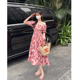 法式别致连衣裙子夏季女装水墨晕染玫瑰花褶皱收腰碎花a字中长裙