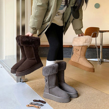 冬日暖靴！4CM厚底加厚加绒雪地靴女圆头保暖毛毛中筒靴潮靴粟色