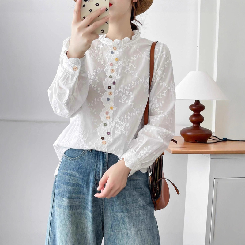Forest Style Lace Collar Embroidered Colorfulful Buttons Korean Style Loose Long-Sleeved Shirt Women's Shirt 931