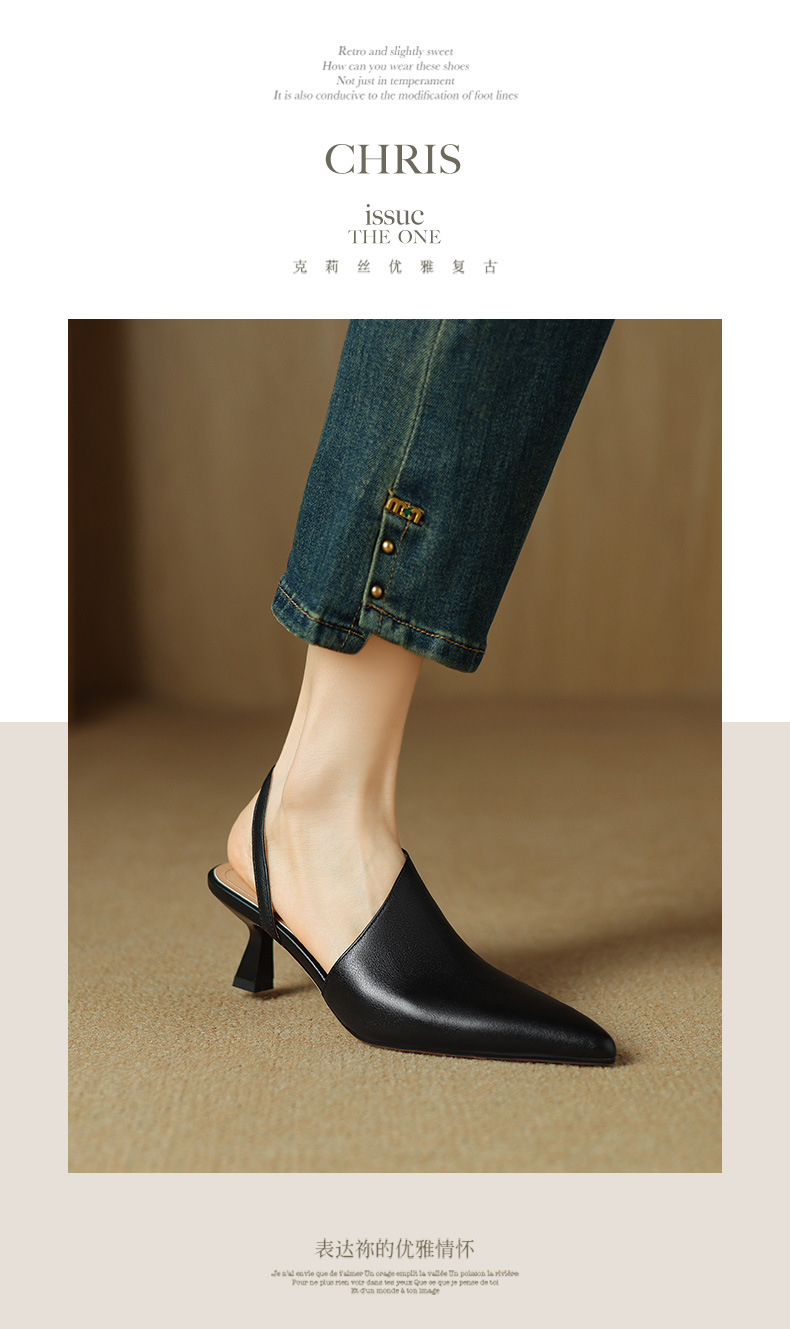 Giày sandal cao gót nữ mũi nhọn kiểu Pháp, da bò thật, gót mèo, hở mũi hở lưng — đen chi tiết 7