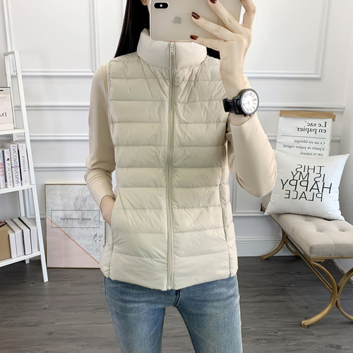 Winter and Autumn Outdoor Down Vest Women's Short Sleeve Stand Collar Slim Light Warm White Duck Down No Filling Vest 