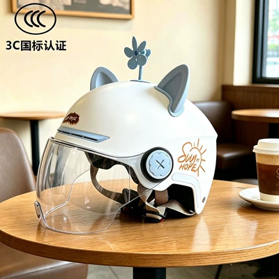 Motosiklet kaskı (dəbilqə) Summer, with Ear Protection, New for Women - class-a-national-standard-sunshine-white-and-blue-breathable-model-high-definition-lenses-blue-ears-windmill-543g