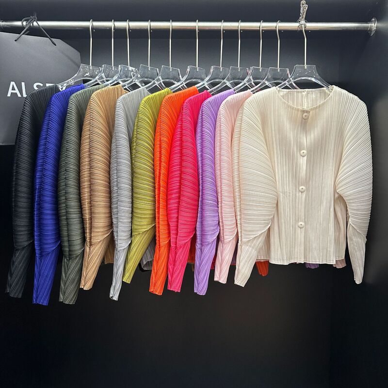 Miyake pleated spring new horn sleeve shirt design sense stand collar single breasted loose long sleeve cardigan coat women