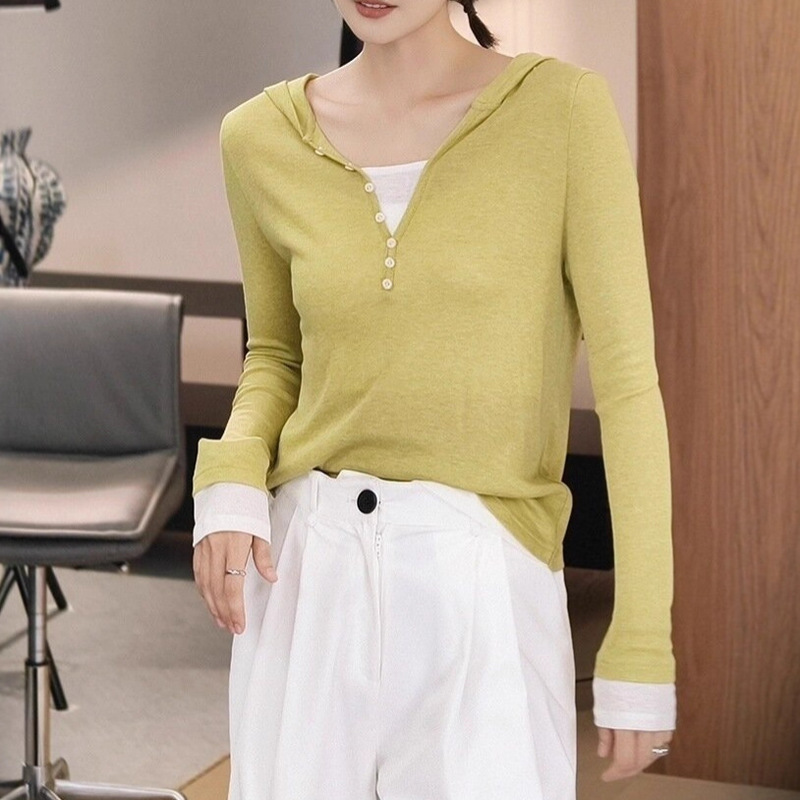 Meiyang Milk Cover Knitted Long Sleeve Silk Lyocell Color Block Fake Two-Piece Water Mask Hoodie-Tuesday